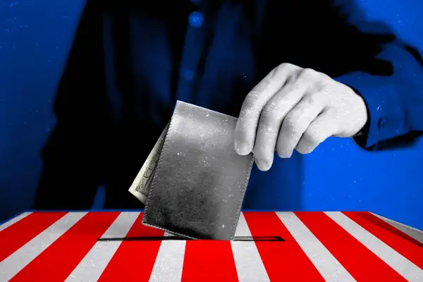 Photo illustration of a person voting with a wallet inside a ballot vox