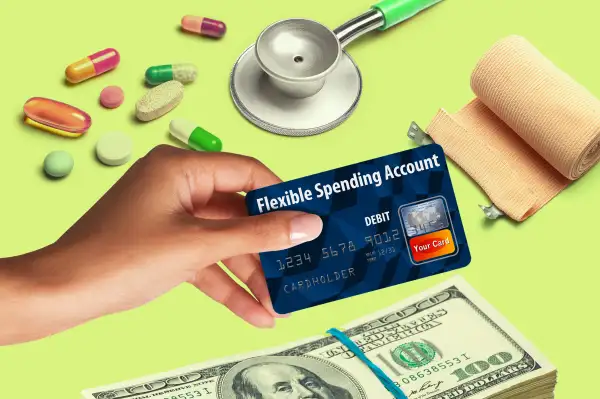 Photo Collage of a hand holding a Flexible Spending Account Debit Card with Pills, money and a bandage in the background