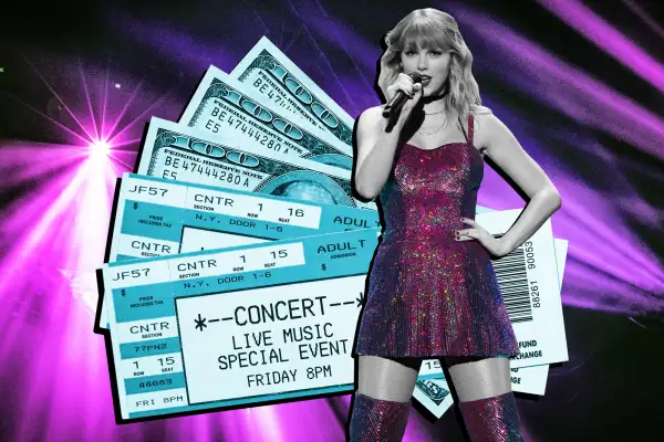 Photo Collage of Taylor Swift with concert tickets and hundred dollar bills in the background
