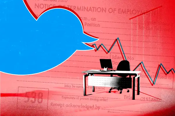 Illustration of the Twitter bird looking at an empty desk, signifying layoffs