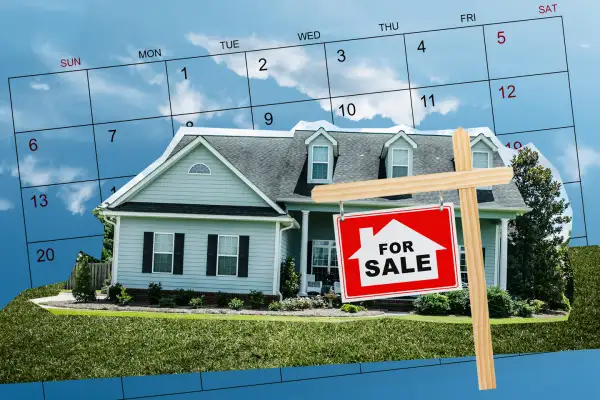 Photo Collage of a suburban house with a for sale sign and a calendar in the background