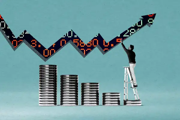 Photo illustration of a person relying on dwindling savings to hold up a stock market investment arrow