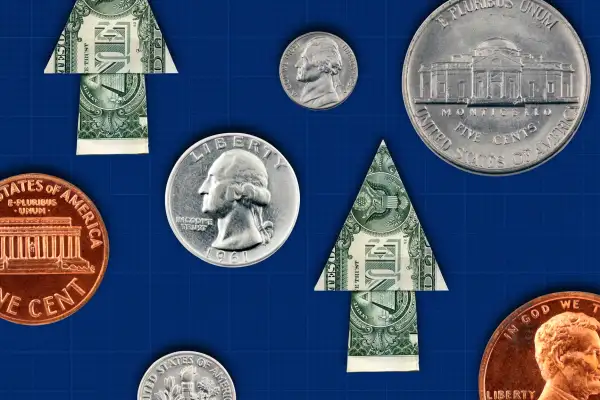 Photo collage of a quarter, a dime, a nickel and a Penny spread out between one dollar bills folded into upright arrows.