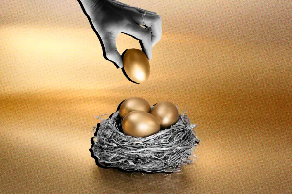Photo collage of a hand with a golden egg placing it into a nest with other golden eggs