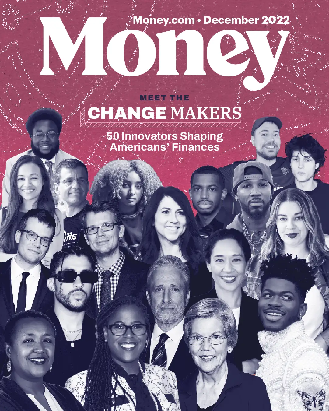Digital cover for Money magazine featuring a collage of many artists and financial influencers on top of an illustrated chalk-drawing background