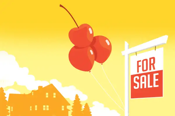 Illustration of a for sale sign with some cherry shaped balloons with a house in the background