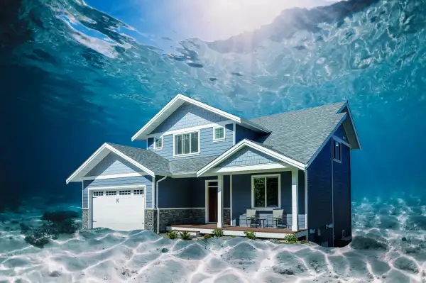 Photo collage of a suburban house underwater in the ocean