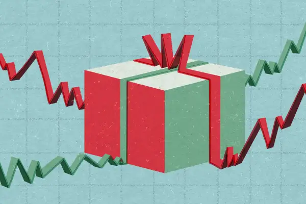 Illustration of a gift being wrapped by stock ticker tape
