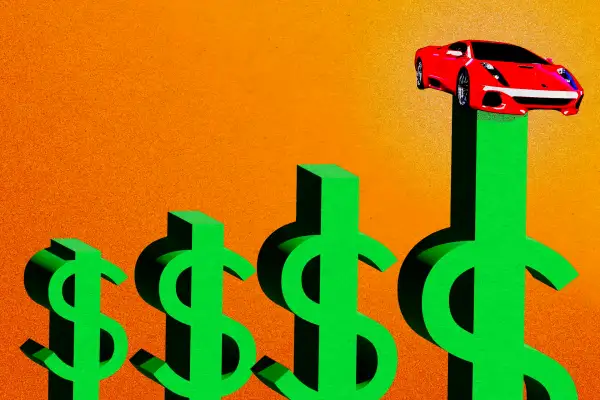 Illustration of a car that has been propped up by dollar signs