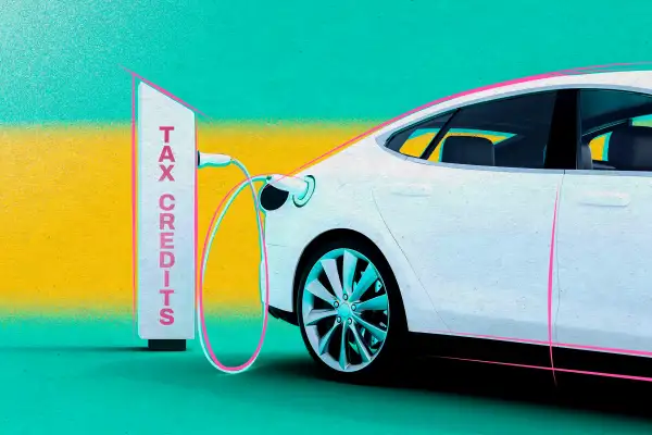 Photo illustration of an electric car being charged by tax credits