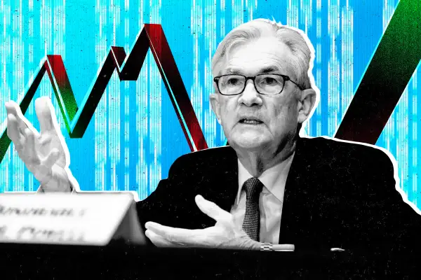 Photo illustration featuring Jerome Powell and a stock graph