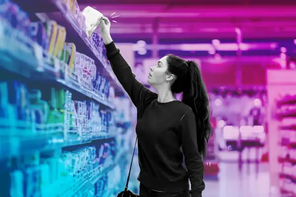 Woman shopping for sanitary pads in a pharmacy