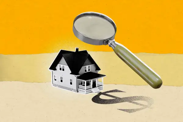 Collage Illustration of a house being looked at closely by a giant magnifying glass