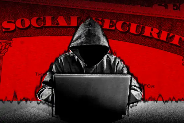 Photo illustration of a shady person/hacker stealing social security information