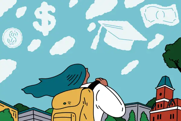 Illustration of a student wearing a backpack looking up at the sky where there are money and a graduation cap shaped clouds