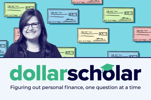Dollar Scholar banner featuring many colorful bank checks in the background
