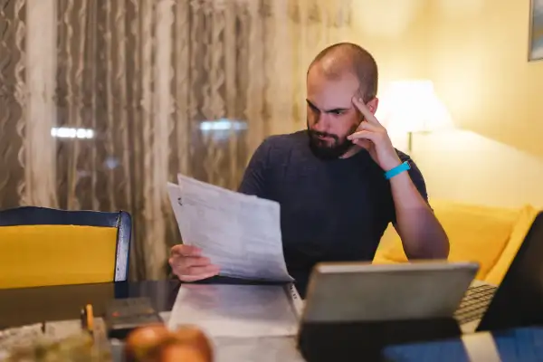 Man looking at his bills in front of his laptop