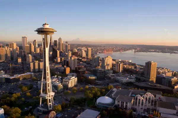 Aerial view of The Space Needle and Seattle Skyline