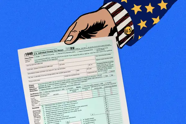 Photo Illustration of Uncle Sam's hand holding a 2022 1040 Tax form