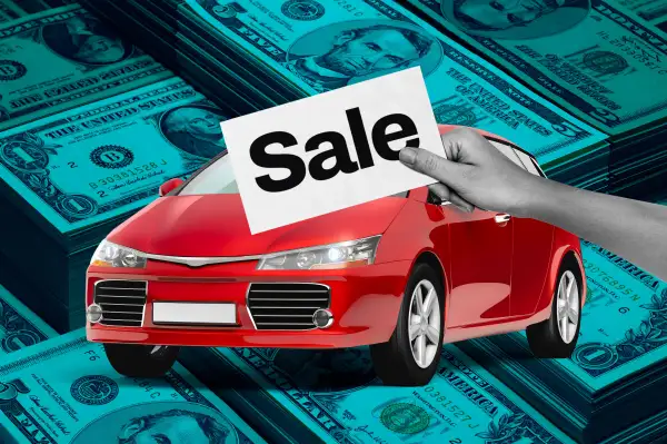 Photo Collage of a used car with a money background and a hand holding a for sale sign