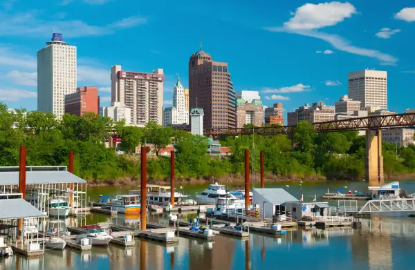 Memphis downtown skyline and Wolf Rover and boats and harbor in the foreground