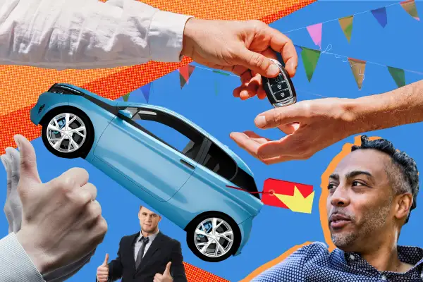 Collage: Buying a car and people being happy