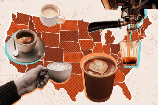 US map with Various coffee cups around it