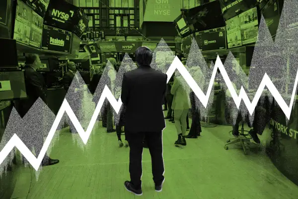 Photo illustration collage of investor watching the NY Stock Exchange tickers with an illustrated graph and style