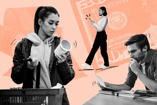 Photo Collage of a woman shopping for groceries, a woman on a phone and a man looking at bills