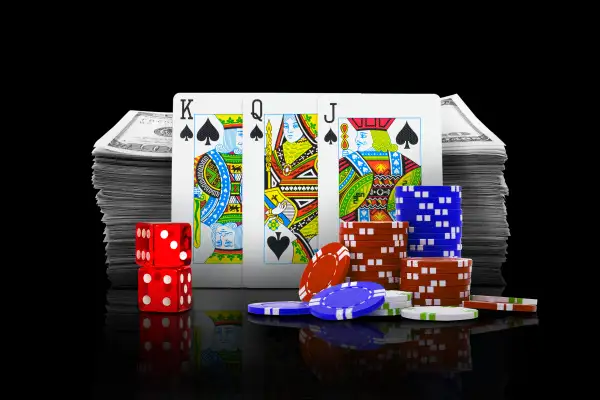 Photo Collage of a stack of hundred dollar bills with a stack of casino chips, a pair of dice and some playing cards