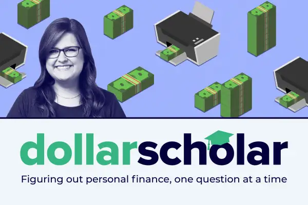Dollar Scholar banner featuring a digital printer, printing multiple dollar bills