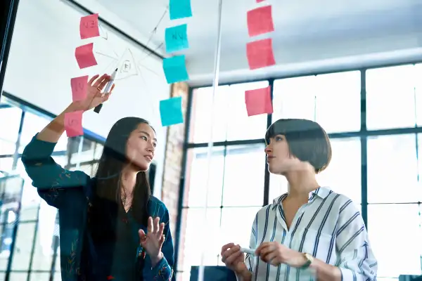 Businesswoman explaining diagram to female coworker