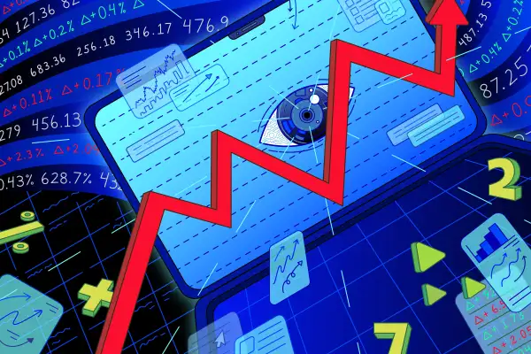 Illustration of a laptop featuring a large stock arrow, with “AI eye” in center surrounded by stock numbers, prices, and digital lines.