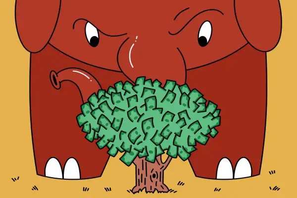 Illustration of an angry elephant looking down at a money tree