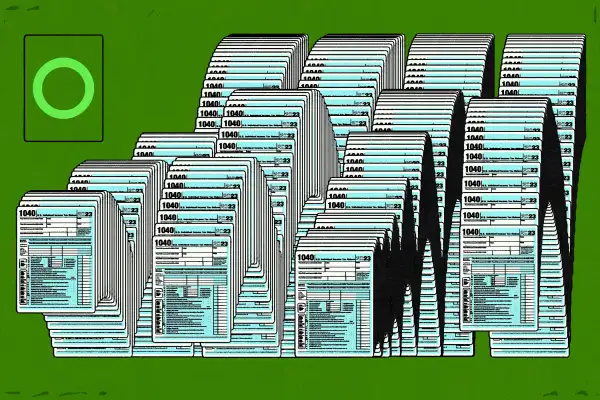 Illustration of multiple 1040 forms stacked together, and moving in a wave form , on a digital solitaire game board