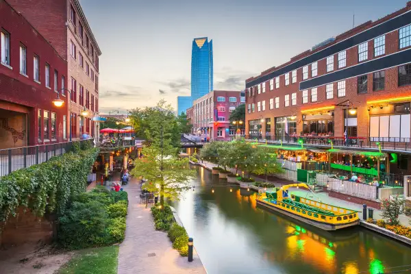 Oklahoma, USA cityscape in Bricktown at dusk