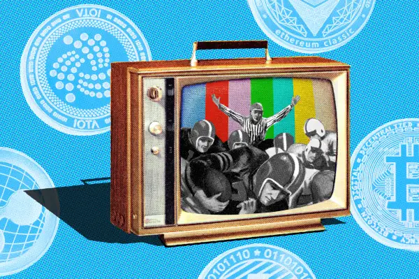 Photo-Illustration of a vintage TV with a football game with cryptocurrency coins in the background