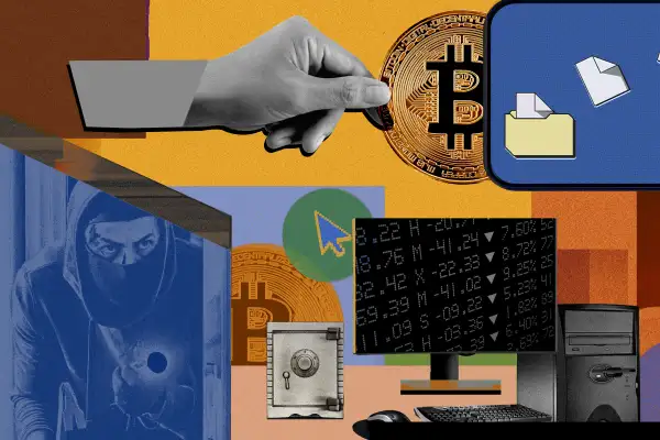 Collage of Bitcoin, thief and electronics