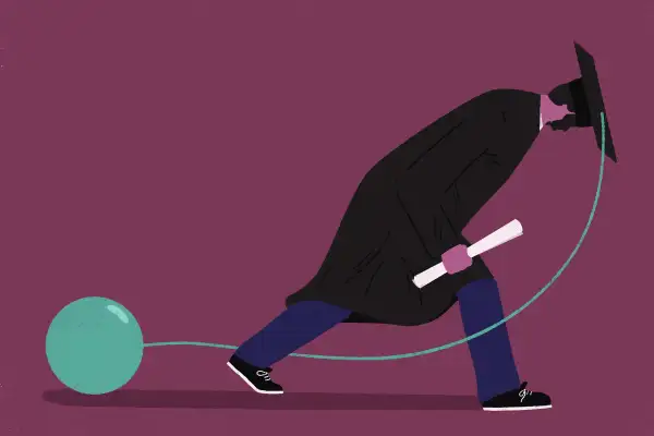 Illustration of a graduate student dragging a big weight attached to his cap