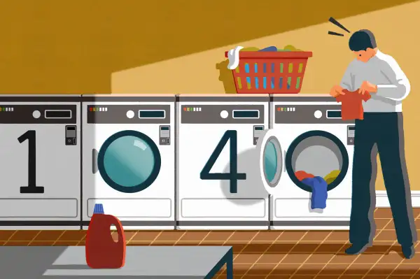 Illustration of a man taking out his shrunken clothes from a dryer