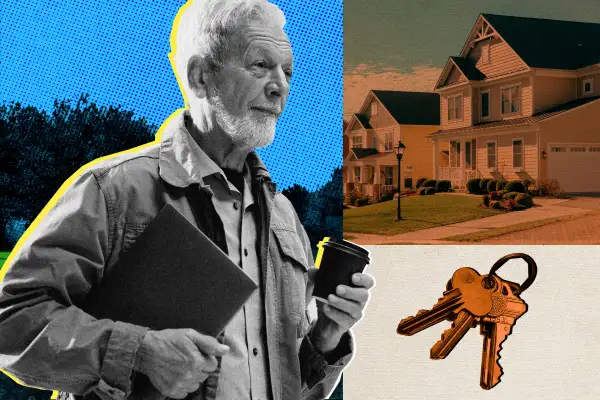 Collage of a boomer, key, and house