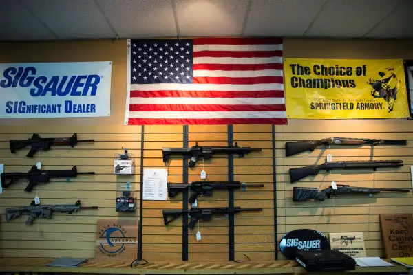 Picture of a gun shop with the American flag