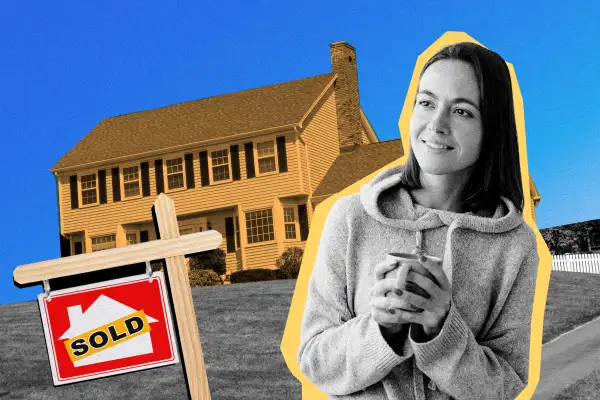 Collage of woman, sold sign, and house