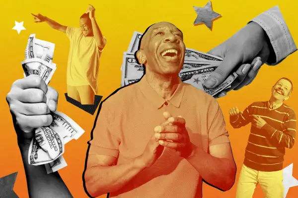 Collage of people being happy and hands filled with money