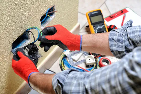 Close-up of a electrician’s hands fixing an outlet socket