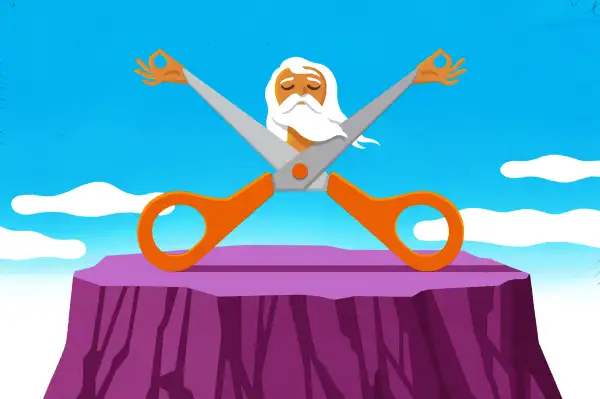 Illustration of a guru, shaped like a pair of scissors, on a top rock in a zen pose