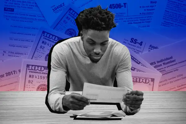 Collage of man checking his mail with taxforms and money in the background