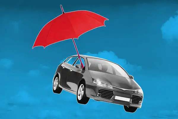 A Car Hooked To An Oversized Umbrella Floating Away In The Sky