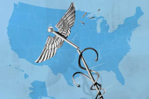 Caduceus falling over map of the united states