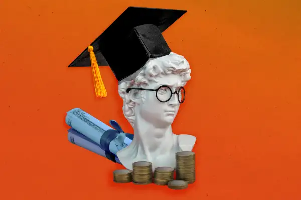 Head Statue with: money, graduation hat, and diploma around it